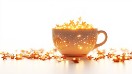 Coffee cup overflows with glowing stars, creating magical and whimsical scene. warm light from stars contrasts with simple white background, evoking sense of wonder