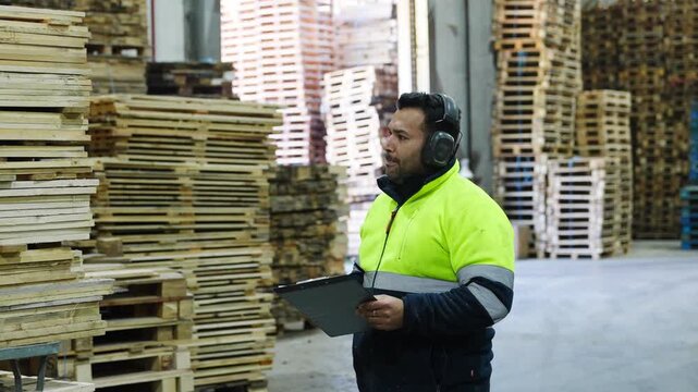 Warehouse worker wearing ear protection and high visibility jacket inspecting and taking notes on wooden pallets in slow motion