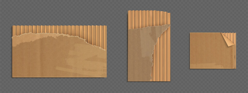 Brown torn cardboard sheets with ripped edges and corrugated texture - recycled paper pieces of damaged packaging material. Realistic kraft envelope fragments for shipping or eco friendly designs.