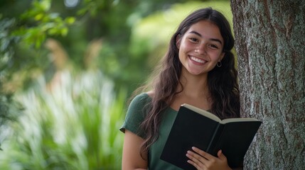 Smiling Teenager Reading a Book Outdoors