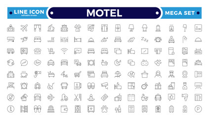 Motel outline icon set. Hotel icon set. Hotel services related line icons: room, rental, reservation, hotel booking, parking, bellboy, breakfast, travel, vacation. Editable stroke outline icon.
