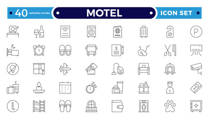 Motel outline icon set. Hotel icon set. Hotel services related line icons: room, rental, reservation, hotel booking, parking, bellboy, breakfast, travel, vacation. Editable stroke outline icon.
