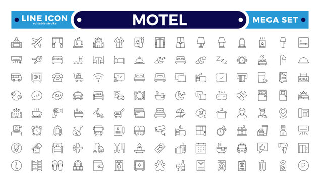 Motel outline icon set. Hotel icon set. Hotel services related line icons: room, rental, reservation, hotel booking, parking, bellboy, breakfast, travel, vacation. Editable stroke outline icon.
