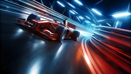 Naklejka premium Red Formula Racing Car at High Speed on Track with Motion Light Trails