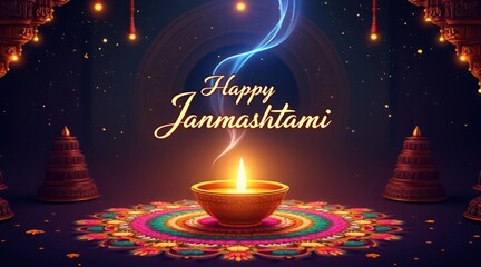 Happy janmashtami festival celebration with glowing diya and colorful rangoli
