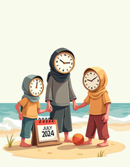 Naklejka premium Family of clock characters on summer beach trip