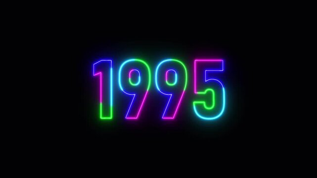 1995 neon line text. Abstract 1995 neon text animation ,For neon color Glowing neon number text background 4k video animation .Digital font against a dark background with neon line looping animation.