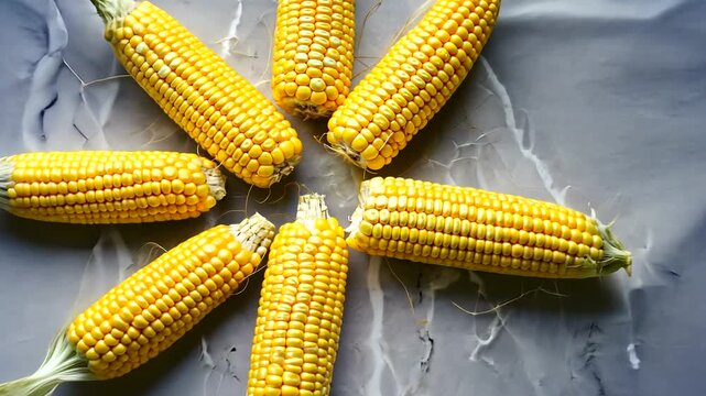 Freshly harvested corn cobs arranged in a circular pattern on a marble countertop