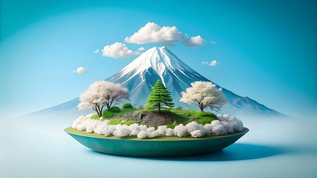 A serene miniature island with lush green trees and delicate cherry blossoms sits before the majestic, snowcapped peak of mount fuji under a soft blue sky - Powered by Adobe