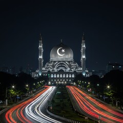 Obraz premium Majestic Night View of Sultan Salahuddin Abdul Aziz Shah Mosque with Light Trails