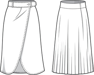 Women's skirt technical fashion sketch, flat wrap and pleated skirt vector template, clothing design illustration, editable cad drawing