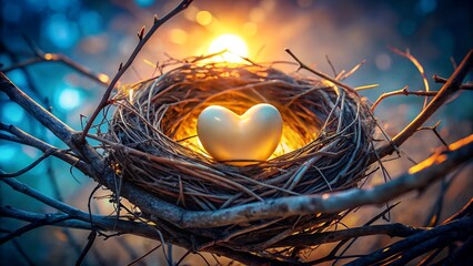 A glowing heartshaped object rests within a natural birds nest, bathed in warm, soft light