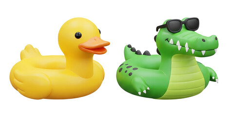 3D cartoon yellow duck and crocodile with sunglasses pool float isolated on transparent background, PNG file add