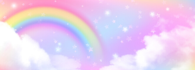Magical unicorn sky with rainbow gradient and clouds. Pastel pink purple dreamscape with sparkling stars and soft cotton atmosphere for fantasy birthday party backdrop or fairy tale illustrations. © klyaksun