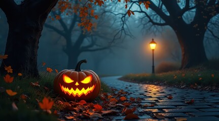 Spooky jack o lantern glowing on a foggy halloween night path