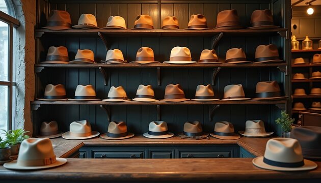 Hat shop interior displays vintage fedoras on antique wooden shelves. Classic designs, warm lighting, and old-world charm create a unique shopping atmosphere. Variety of hats for men and women.