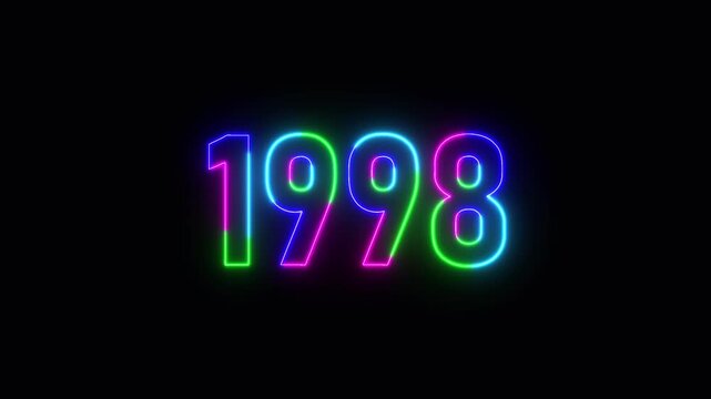 1998 neon line text. Abstract 1998 neon text animation ,For neon color Glowing neon number text background 4k video animation .Digital font against a dark background with neon line looping animation.