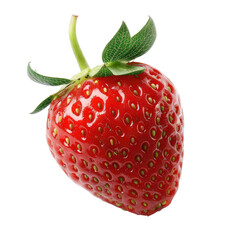 Single ripe strawberry, vibrant red, with green leaves (1)
