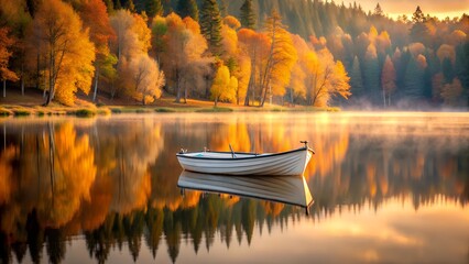 A solitary white rowboat floats peacefully on a misty lake surrounded by vibrant autumn trees reflecting in the calm water