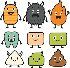 A vibrant collection of nine unique, hand-drawn cartoon monsters and characters with distinct personalities and playful designs