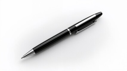 A black and silver ballpoint pen lies on a white background with shadow