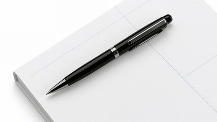 A black pen lies on a white textured notebook with faint blue lines