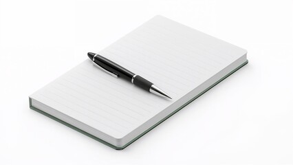 A black pen rests on a lined notebook with a green spine on a white background