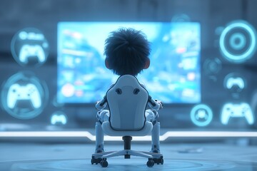 Young gamer immersed in virtual reality experience with futuristic gaming setup, enjoying immersive digital world