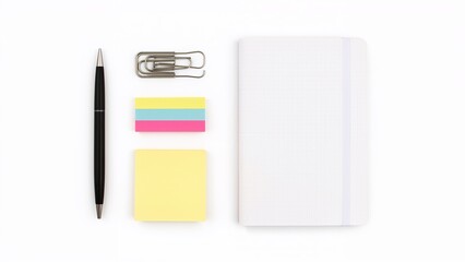 Black pen paper clips colorful sticky notes grid notebook on white background