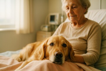 Golden retriever comforting elderly woman in hospital bed with soft light background, symbolizing emotional support and healing presence of animals. Ai generative