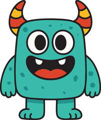 A friendly, teal-colored cartoon monster with large, round eyes, a wide grin, and colorful horns stands on two legs
