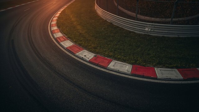 Empty race track corner with asphalt red white curb and grass at sunset
