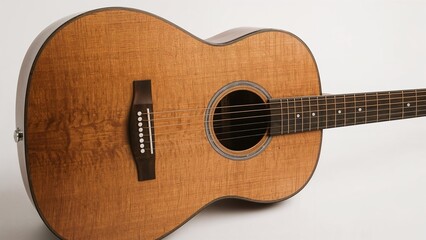 Fototapeta premium Light brown acoustic guitar with figured wood texture and strings on white background