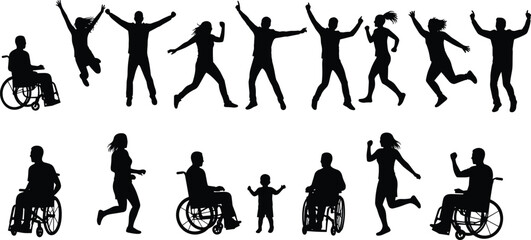 Diverse Group of People Silhouettes Joyfully Jumping and Celebrating, Including Individuals in Wheelchairs, Symbolizing Inclusivity, Happiness, for Community and Lifestyle.