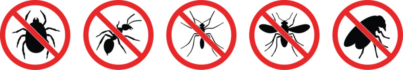 Pest Control No Entry Signs Collection, Featuring Prohibited Insects Like Spiders and Mosquitos, Ideal for Extermination, Hygiene, and Health Awareness Concepts, with Clear Red Circles.