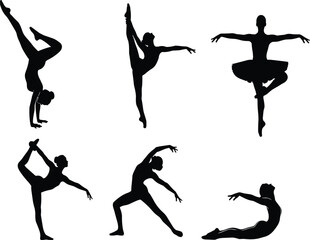 Silhouette of female dancers performing ballet, modern dance, and yoga poses, fitness flexibility art, perfect for creative design projects