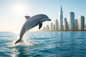 Fototapeta premium Dolphin leaping out of ocean near futuristic city skyline in daylight with soft light and clear blue water background. Ai generative. Ai generative