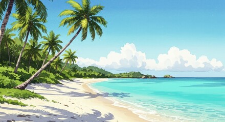 Obraz premium Idyllic tropical beach scene with palm trees under a sunny sky