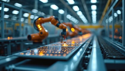 Robotic arm operates on solar panels in modern factory production line. Automated system precisely handles components on assembly line, indicating advanced manufacturing, efficiency in clean energy