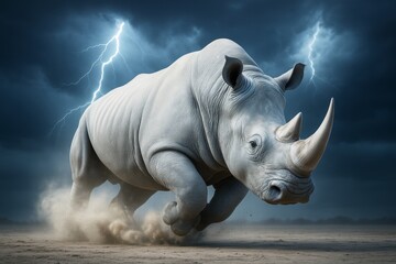 Majestic white rhino charging on dusty terrain under dramatic lightning-filled stormy sky with intense energy and power in surreal background scene. Ai generative