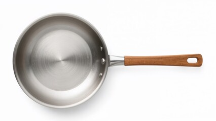 Top view of a stainless steel frying pan with wooden handle on white