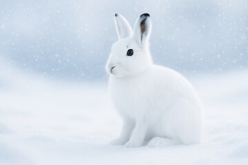 White rabbit sitting in snowfall on soft snowy ground with serene light blue abstract background in winter season. Ai generative. Ai generative