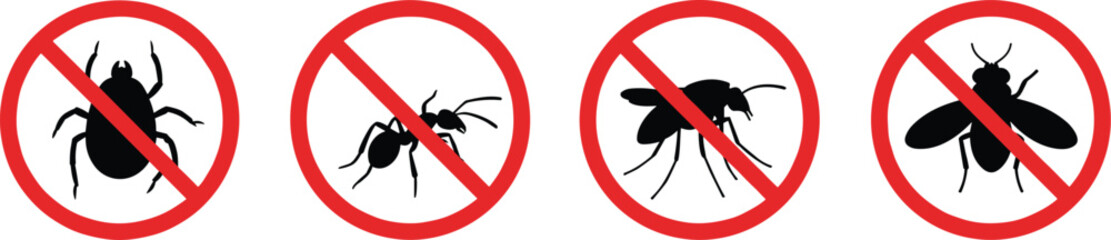 Pest Control No Entry Signs Collection, Featuring Prohibited Insects Like Spiders and Mosquitos, Ideal for Extermination, Hygiene, and Health Awareness Concepts, with Clear Red Circles.