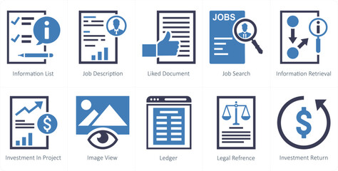 A set of 10 mix icons as information list, job description, liked document