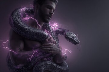 Mysterious man embracing snake surrounded by electric energy, representing strength, power, and transformation in a dramatic visual