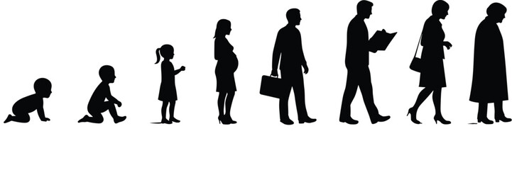 Progression of Human Life Silhouettes, Illustrating Stages from Infancy to Elderhood, Including Pregnancy and Professional Life, Ideal for Demographic, Healthcare, and Developmental Concepts.