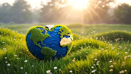 Heart-shaped globe covered in lush greenery, set in a sunlit meadow with flowers, symbolizing nature