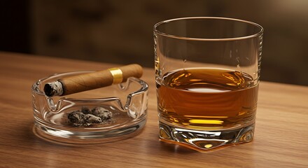 Whiskey and Cigar Still Life on Wooden Tabletop Relaxation Scene
