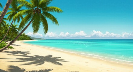 Obraz premium Idyllic tropical beach scene with palm trees and turquoise water.