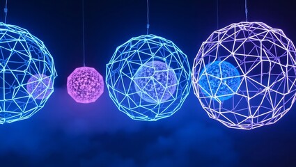 Geometric spheres glowing blue and purple abstract